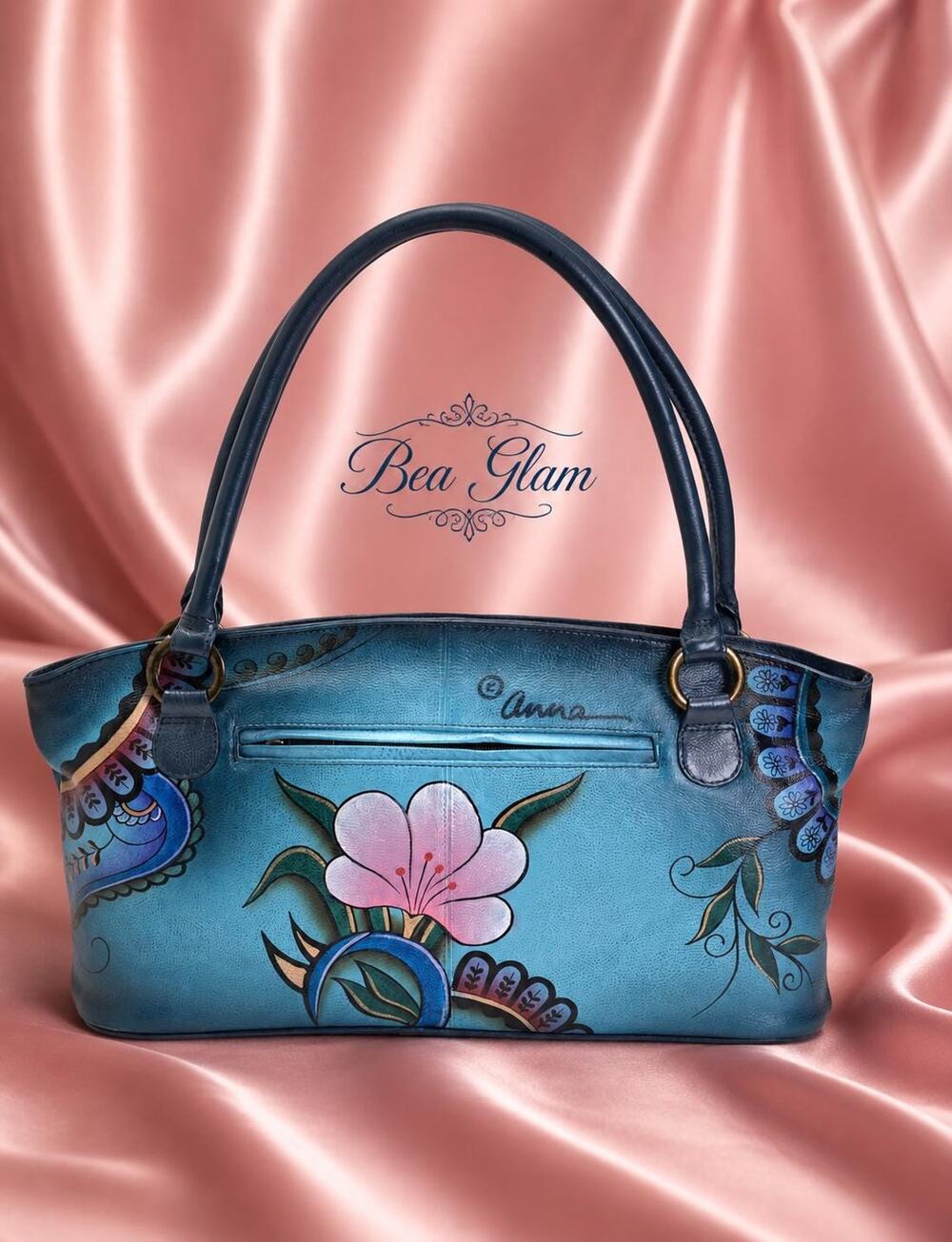 Hand Painted Anuschka Sky Blue Leather Tote Pink Floral Paisley Shoulder Bag